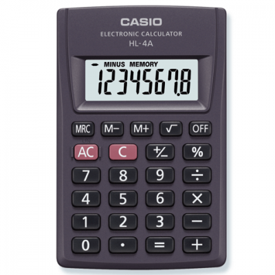 Калькулятор CASIO карманный HL-4А, 8 разрядов, пит.от батарейки, 87x56мм, блистер 250235